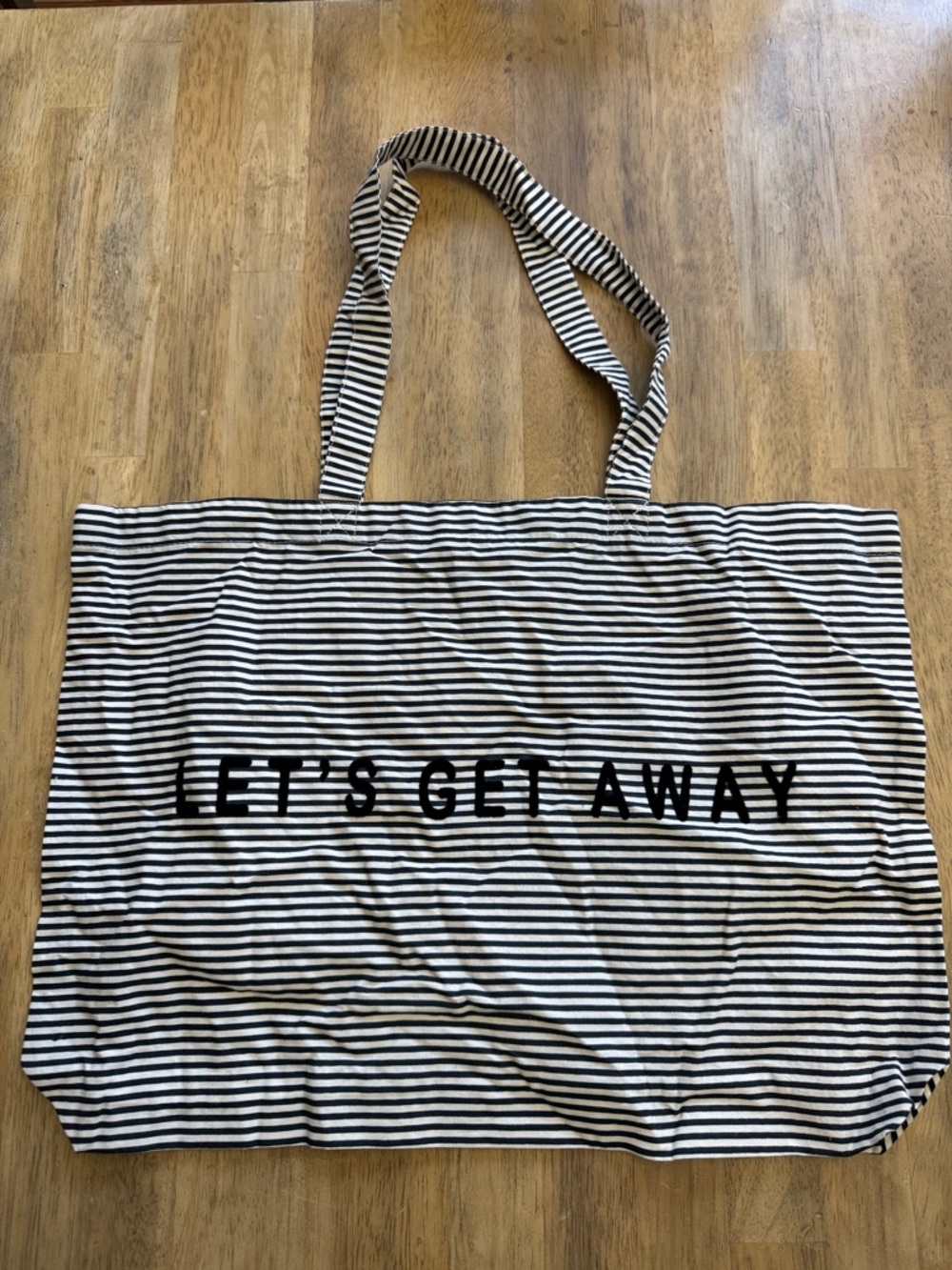 Lightweight Striped Black and White Tote Bag with 'LET'S GET AWAY'